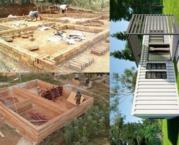 Collage of construction phases for a modern home.