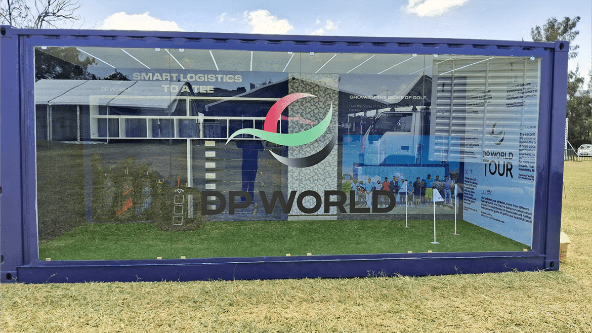 DP World exhibition showcasing smart logistics and golf growth.
