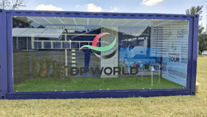 DP World exhibition showcasing smart logistics and golf growth.
