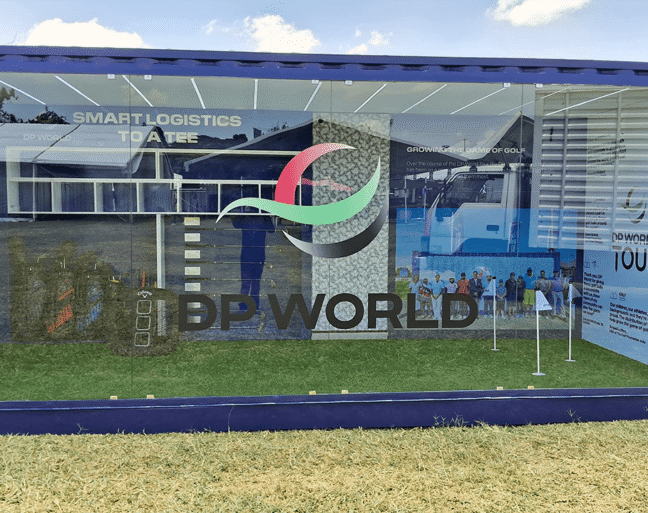 DP World exhibition showcasing smart logistics and golf growth.