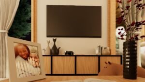 Cozy living room with framed photo and decorative items.