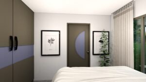 Cozy modern bedroom interior with door and plants.