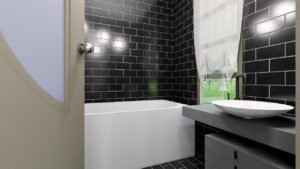 Stylish bathroom with black tiles and modern fixtures.