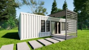 A modern container home with a stylish entrance.