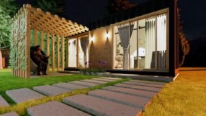 Couple relaxing outside a modern garden house at night