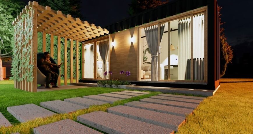 Modern Garden House With Couples Couple relaxing outside a modern garden house at night