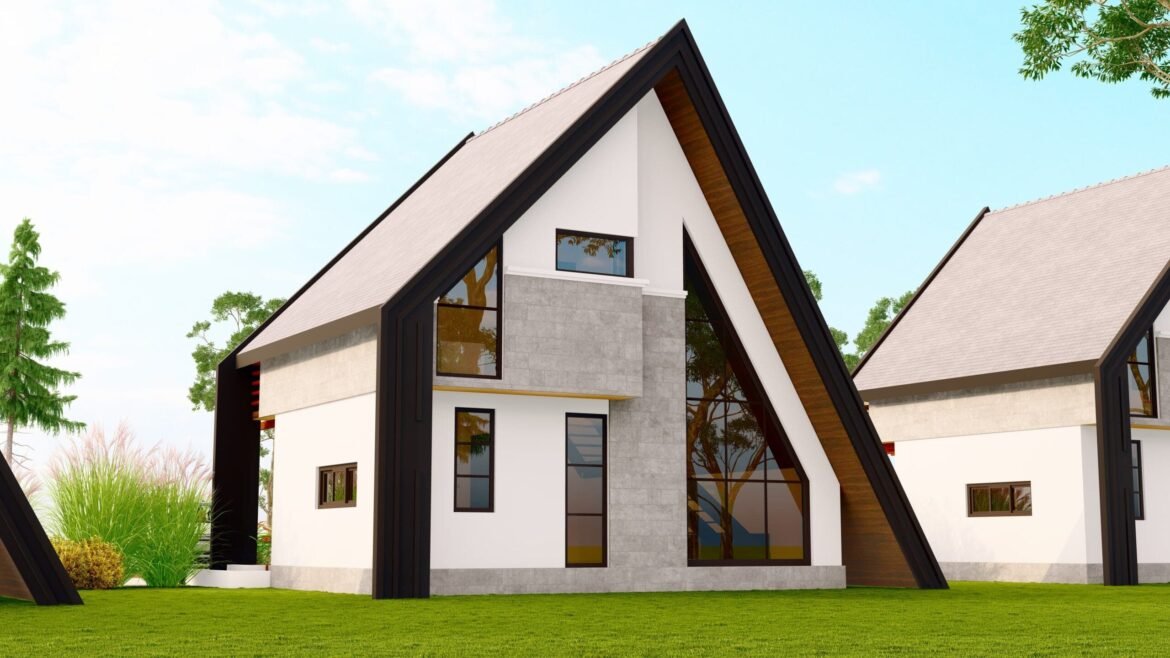 A modern house with unique architectural design and large windows.