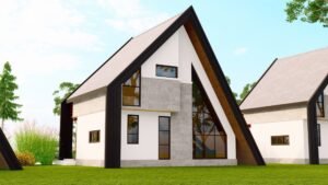 A modern house with unique architectural design and large windows.