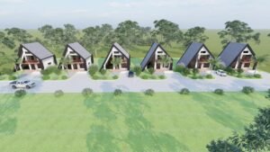 Aerial view of modern houses surrounded by greenery.