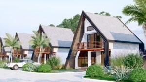 Row of modern A-frame houses with palm trees.