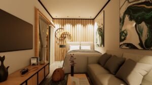 Cozy bedroom with modern decor and natural lighting