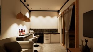 Stylish kitchen with elegant lighting and modern appliances.