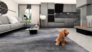 Modern living room featuring a dog and stylish decor.