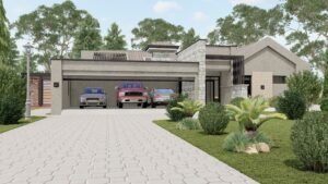 Contemporary house with three cars parked in the garage.