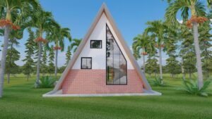 Modern A-frame house surrounded by lush greenery and palm trees.