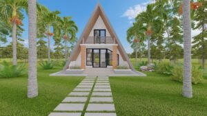 Stylish A-frame house surrounded by palm trees and greenery.