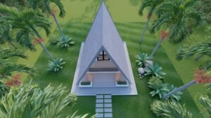 Aerial view of a modern house surrounded by palm trees.