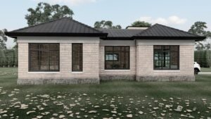 Modern house with brick façade and large windows.