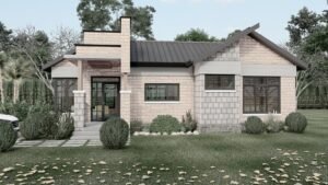 Contemporary house design with landscaped garden and stone facade.