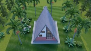 Aerial view of a modern house surrounded by lush greenery.