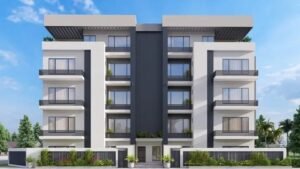 Contemporary four-story apartment building with greenery.