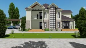 A modern house with a stylish balcony and landscaped garden.