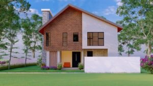 Stylish modern house with a brick exterior and green lawn.