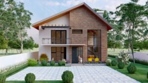 Modern house exterior with a brick facade and garden.