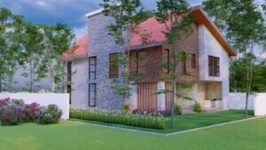 Contemporary house with stone and wood exterior surrounded by greenery.