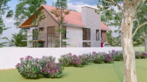Stylish modern home surrounded by lush greenery and colorful flowers.