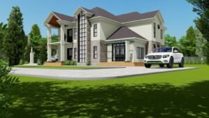 Modern house exterior with a car in the driveway.