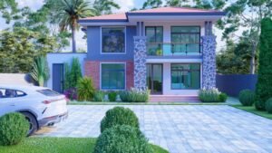 Modern house with landscaped garden and parked car.