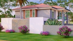 A modern house with vibrant flowers and greenery.