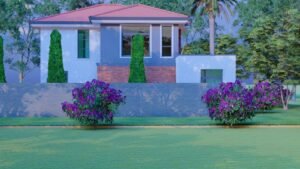 Modern house with vibrant garden and lush greenery.