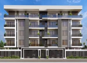 Exterior view of a contemporary apartment building with balconies.
