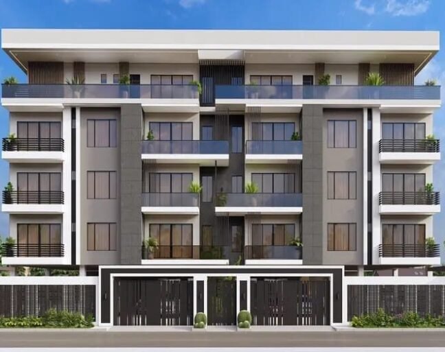 Exterior view of a contemporary apartment building with balconies.