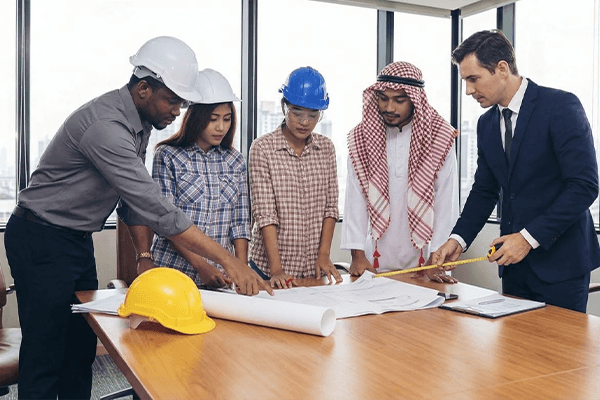 Team Of Professionals Discussing Plans Diverse team reviewing architectural plans in an office setting.