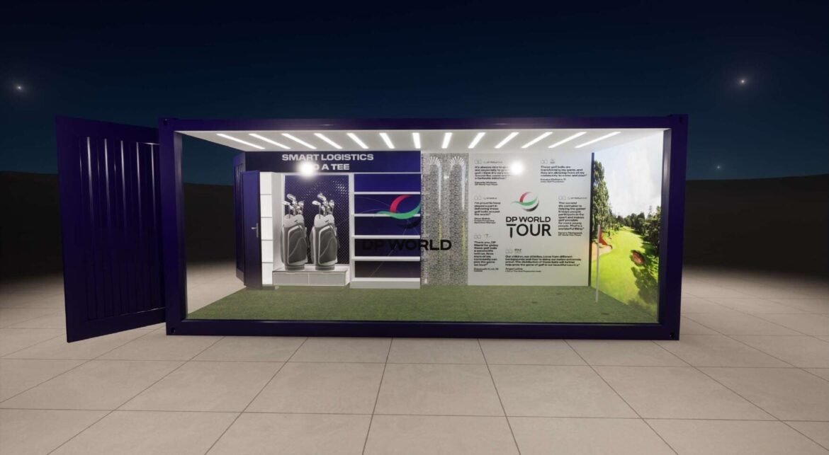 Modern exhibit showcasing DP World Tour and golf equipment.