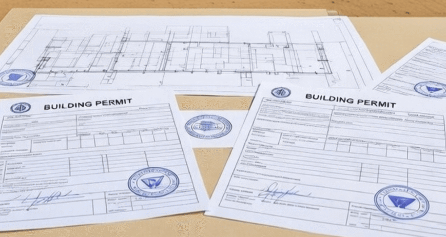 Building Permit And Blueprints Building permits and architectural blueprints on a table.