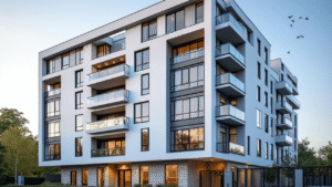 Contemporary apartment building with balconies and stylish design.