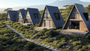 Four modern A-frame houses surrounded by greenery