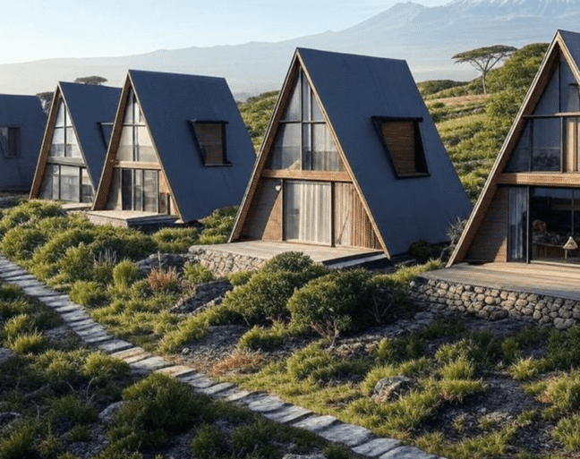 Four modern A-frame houses surrounded by greenery