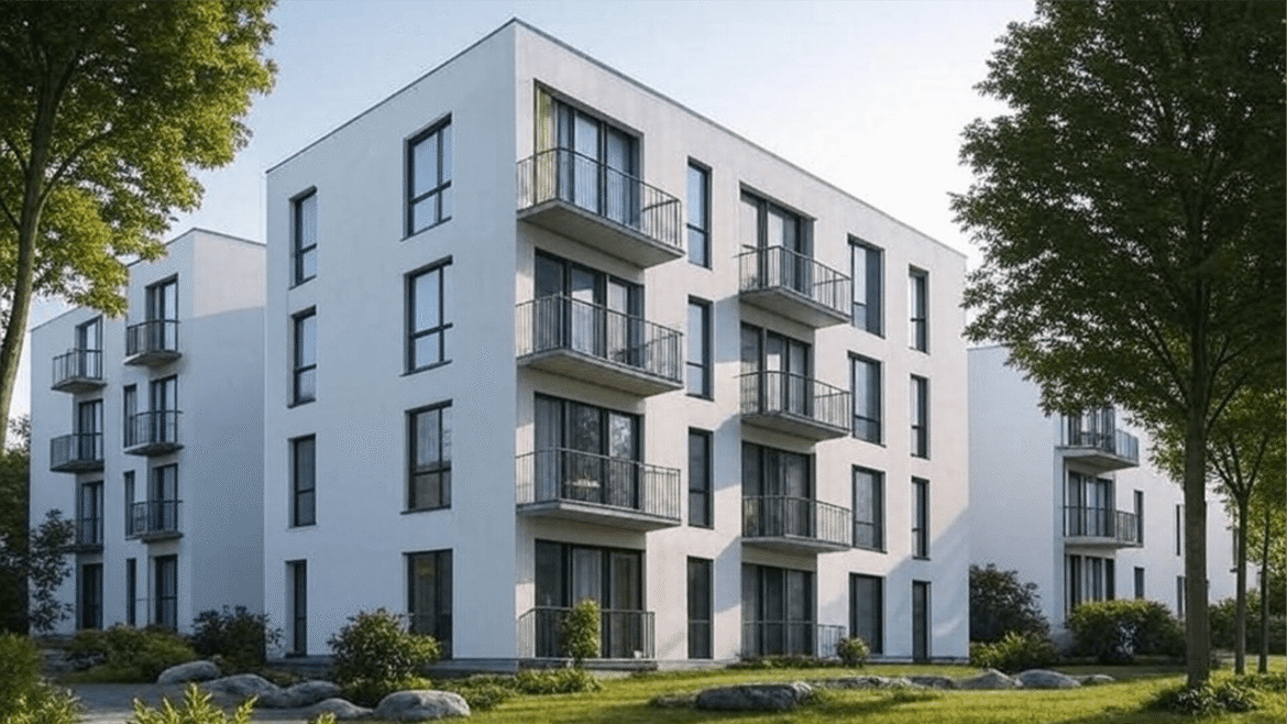 Contemporary apartment buildings with balconies and green surroundings.