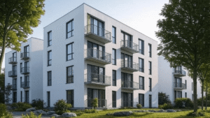 Contemporary apartment buildings with balconies and green surroundings.