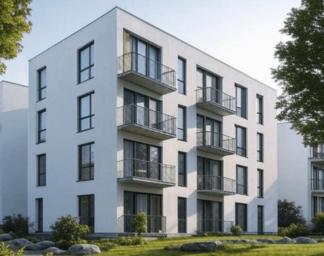 Contemporary apartment buildings with balconies and green surroundings.