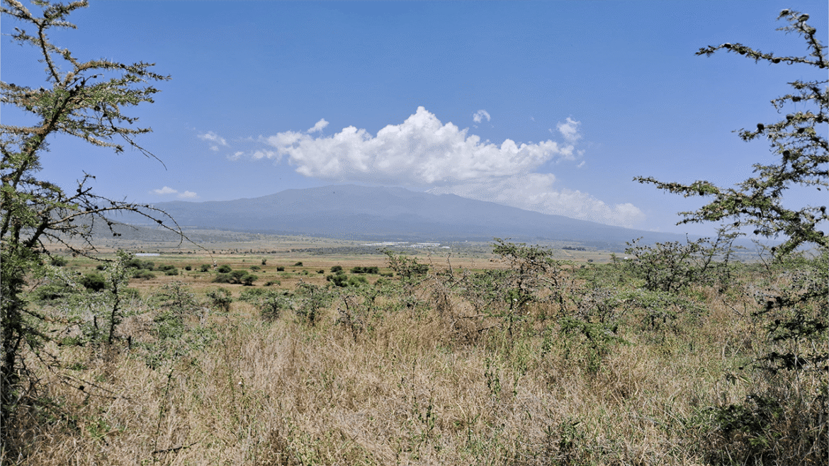 A scenic view of a mountain under a blue sky with clouds.