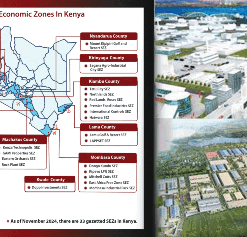 Map of special economic zones in Kenya with various county details.