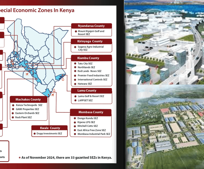 Map of special economic zones in Kenya with various county details.