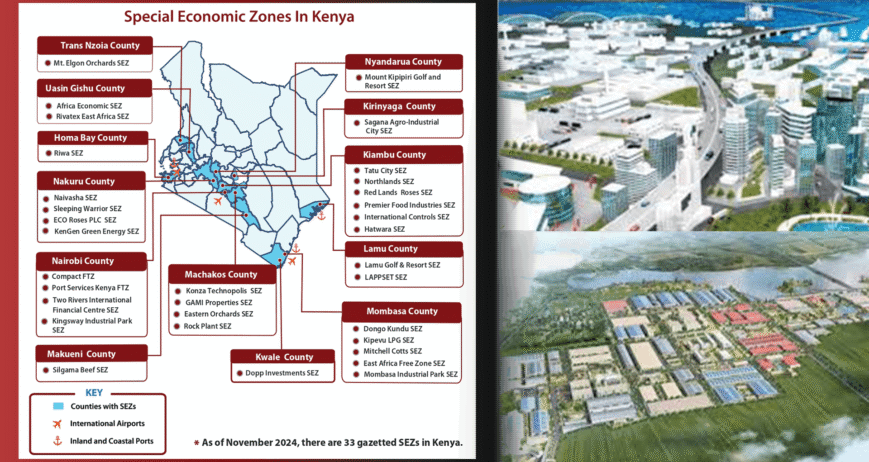 Special Economic Zones Kenya Map of special economic zones in Kenya with various county details.