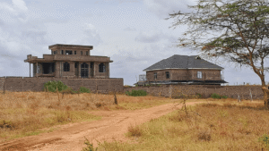 Two houses under construction in a rural landscape.